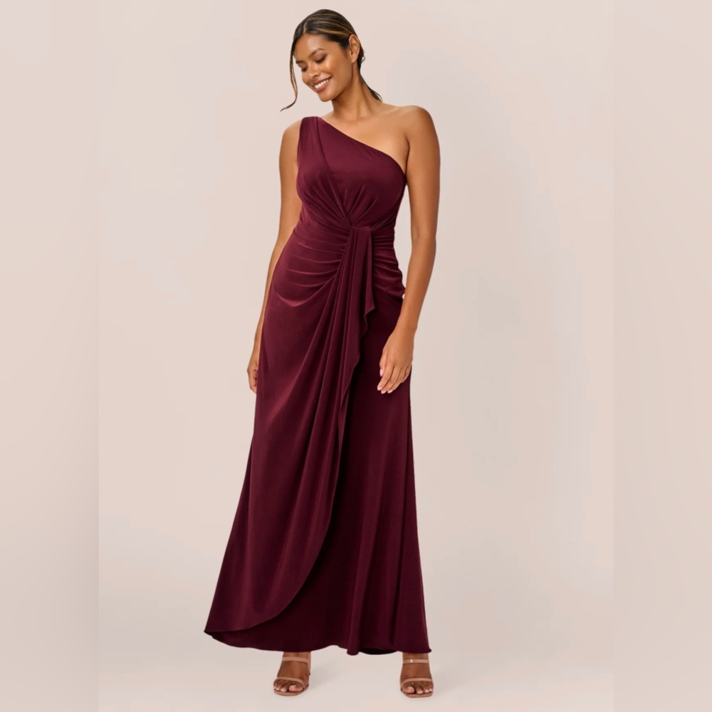 Adrianna Papell Maroon One Shoulder Maxi Dress